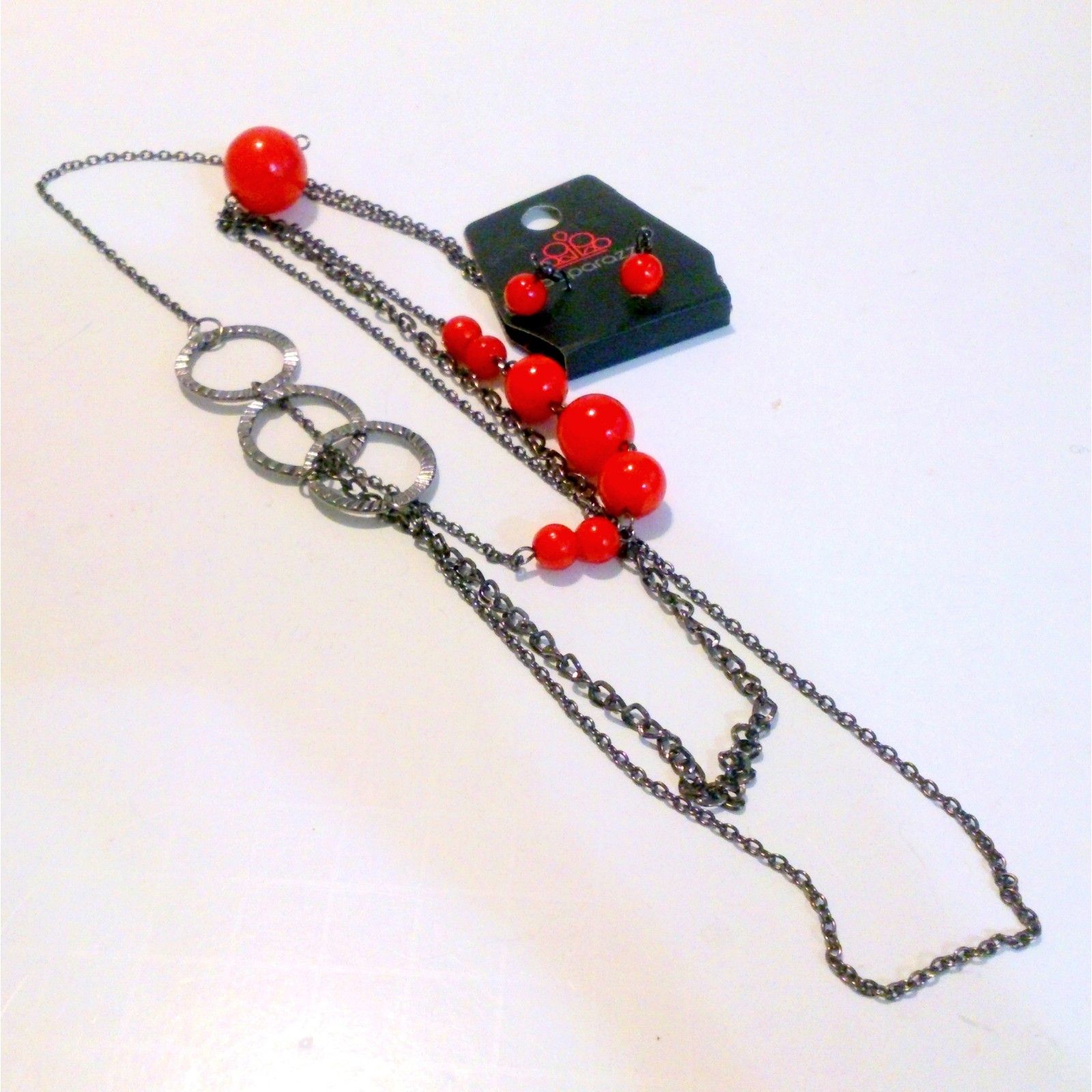 Paparazzi Gunmetal Red Bead Asymmetrical Necklace Earring Demi Set 9$